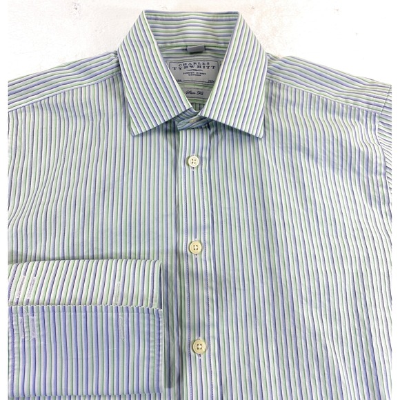 Charles Tyrwhitt Men SLIM‎ FIT French Cuff Blue Green Stripe Dress Shirt 15.5/33 - Picture 1 of 9